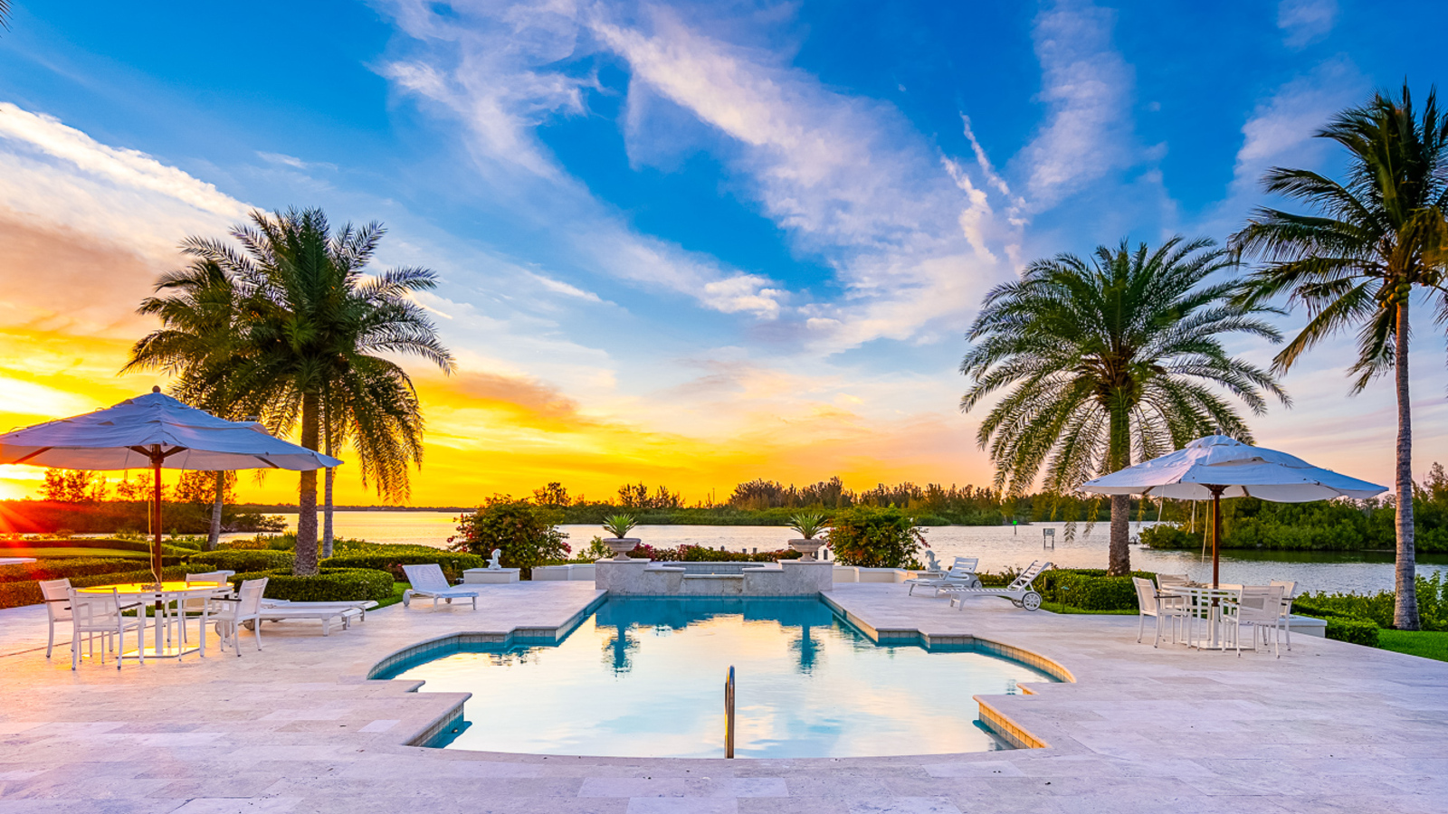 Sunset pool terrace over the river